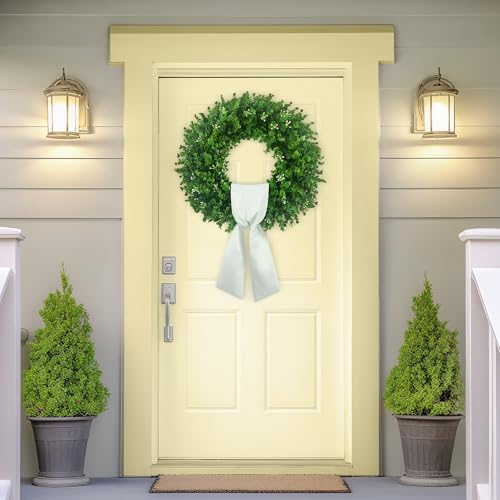 24'' Boxwood Wreaths Front Door, Foldable Green Wreath with a Sash