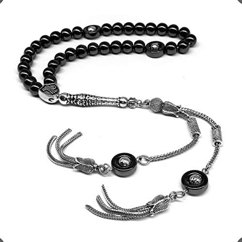 Design - Long & Stylist Tassels Worry Beads - Prayer Beads (8 mm-33 Beads) Tesbih-Tasbih-Tasbeeh-Misbaha-Subha-Sebha-Sibha-Rosary (Black Hematite - Silver Plated)