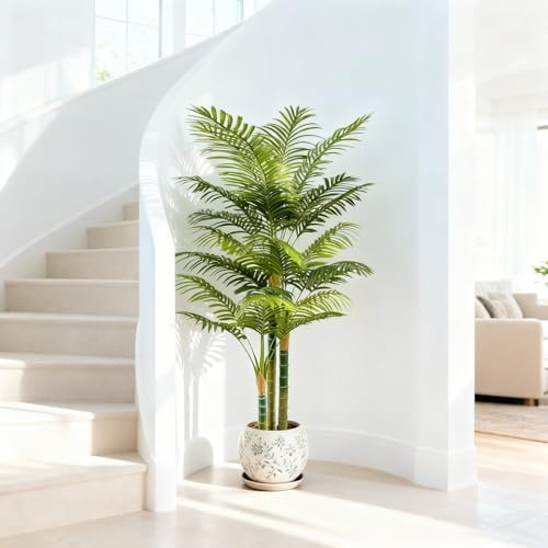 4FT Tall Golden Cane Artificial Palm Tree, Large Faux Palm Tree with 3 Textured Trunks, Outdoor Artificial Plants, Fake Tree for Indoor Office Living Room Outside Patio.