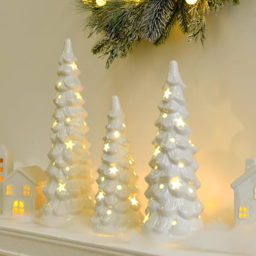 Set of 3 White Ceramic Christmas Trees that Light Up Decorations