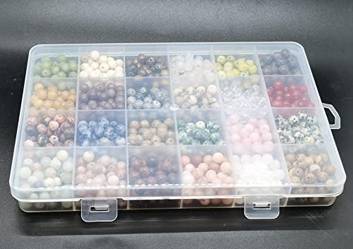 1200pcs 6mm Natural Round Stone Beads Real Gemstone Beading Loose Gemstone Hole Size 1mm DIY Smooth Beads for Bracelet Necklace Earrings Jewelry Making,Box Packed(24 Material -B,6mm)