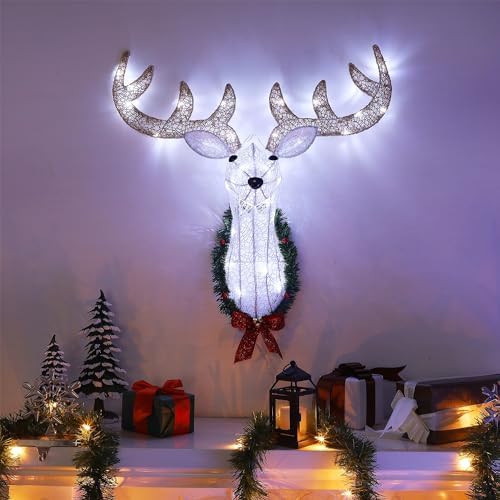 WATERGLIDE Lighted Christmas Wall Decor Reindeer Head, 28" Pre-Lit 3D Rudolph Hanging Wreath with Battery Operated, 8 Modes & Timer, Light Up for Front Door Window Indoor Outdoor Festive Xmas Holiday