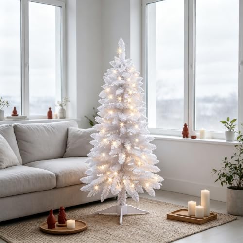 Juegoal 4 FT Pre-lit White Christmas Tree, Lighted Artificial Pine Tree, Pencil Pine Tree with Warm White Lights, 8 Lighting Mode, Battery Powered & Timer for Xmas Holiday Winter Home Party Decor