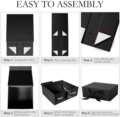 LFBOX Black Gift Box with Ribbon Magnetic Lids 10.2x9x3.74 in, Bridesmaid Groomsman Proposal Boxes, Wedding Graduation Storage Box 5 Pack