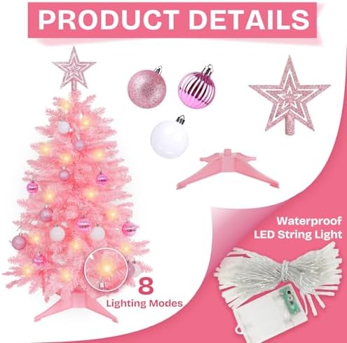 SUNSHINE DECOR Pink Christmas Tree with Light 3ft Artifical Full Christmas Tree with Ball & Star Ornaments 8 Lighting Modes for Holiday Decor