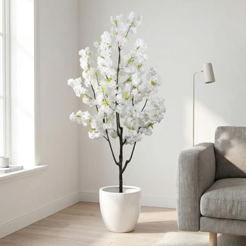 Indoor Cherry Blossoms Tree White Artificial Cherry Blossom Tree 6FT Faux Bedroom Trees for Home Christmas New Year Decor