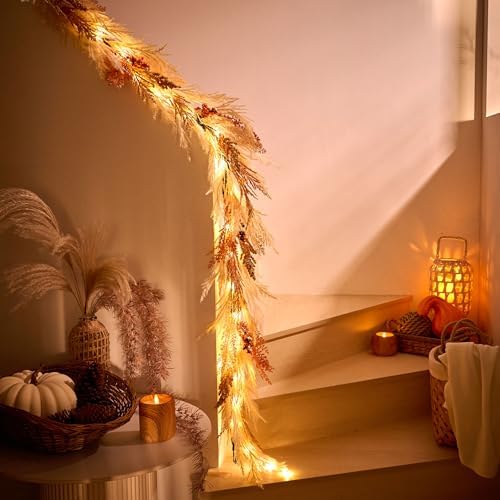 DecorbyHannah 6ft Neutral Fall Pampas Grass Garland for Mantle with Lights