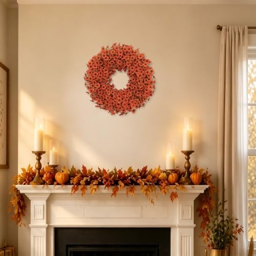 20" Orange Fall Wreath for Front Door, Artificial Mums Autumn Wreath