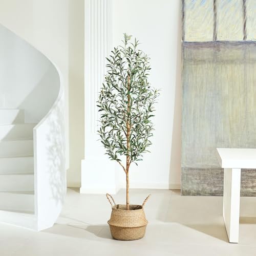 Kazeila 6FT Artificial Olive Tree with Real Wood Trunk & Woven Basket
