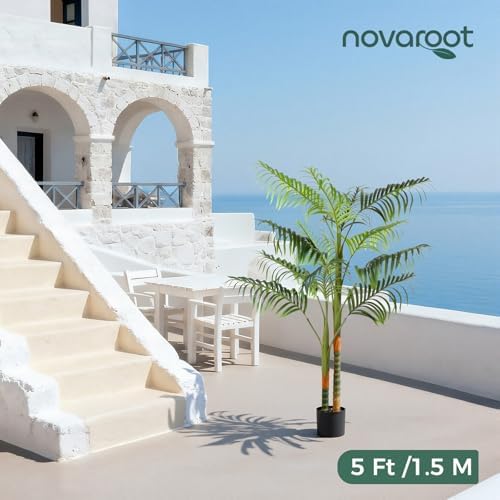 5FT Artificial Palm Tree Tall Plant with Planter & Moss, Realistic 2-Trunk Artificial Tree with Lights, Lifelike Leaves Fake Palm Tree, Low Maintenance Palm Tree Decor for Home Office Living Room