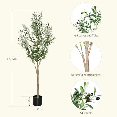 6ft Faux Olive Tree, Artificial Olive Tree Indoor, High Imitation Silk Plant Fake Olive Tree with Realistic Leaves and Fruits, Suitable for Home Living Room Office Decoration