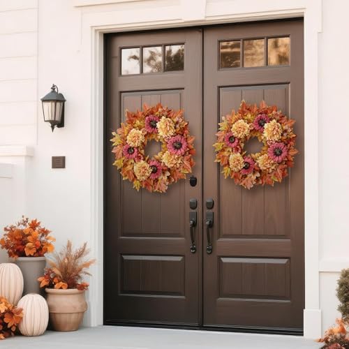 28" Large Artificial Fall Wreath with Flowers for Front Door Decor (Orange)
