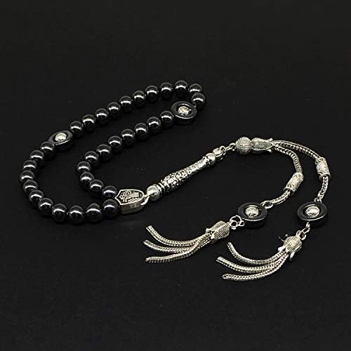 Design - Long & Stylist Tassels Worry Beads - Prayer Beads (8 mm-33 Beads) Tesbih-Tasbih-Tasbeeh-Misbaha-Subha-Sebha-Sibha-Rosary (Black Hematite - Silver Plated)