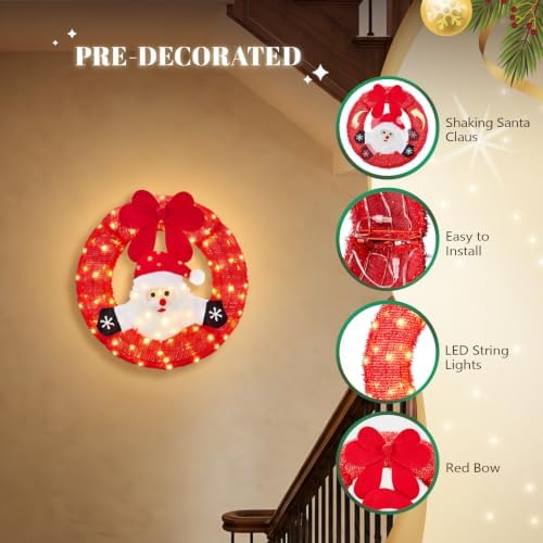 VINGLI 24 Inch Lighted Christmas Wreath with Swinging Figure Santa, Plug-in