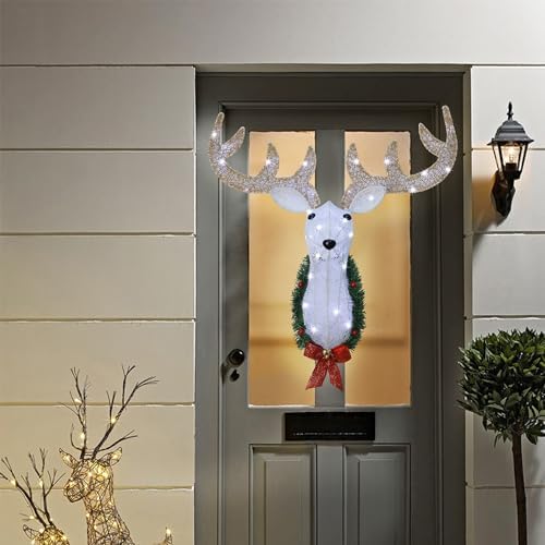 WATERGLIDE Lighted Christmas Wall Decor Reindeer Head, 28" Pre-Lit 3D Rudolph Hanging Wreath with Battery Operated, 8 Modes & Timer, Light Up for Front Door Window Indoor Outdoor Festive Xmas Holiday