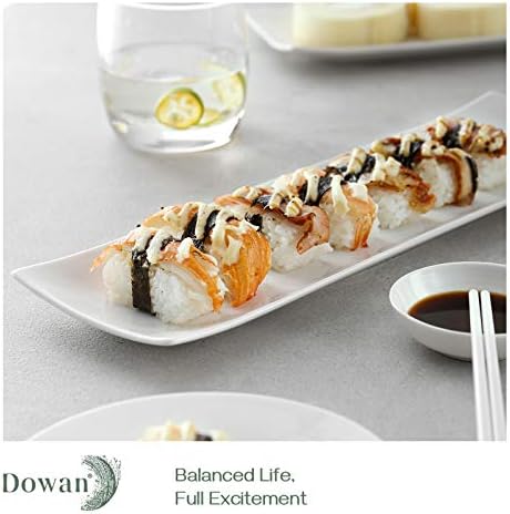 DOWAN 14" Sushi Plate Set of 4 - Long Rectangle Plates and Cracker Trays for Serving - White Ceramic Platters for Party and Entertaining - Dishwasher & Oven Safe