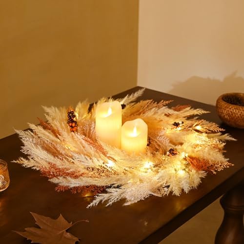 DecorbyHannah 24'' Neutral Fall Pampas Wreath with Lights for Front Door