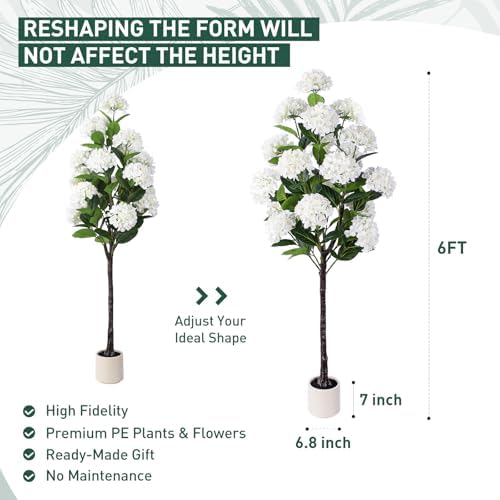 YEPDIN 6 FT Artificial Hydrangea Tree- Large Faux Hydrangea Plants Indoor Outdoor，Fake Flower Trees with White Tall Planter for Home Garden,Front Decor