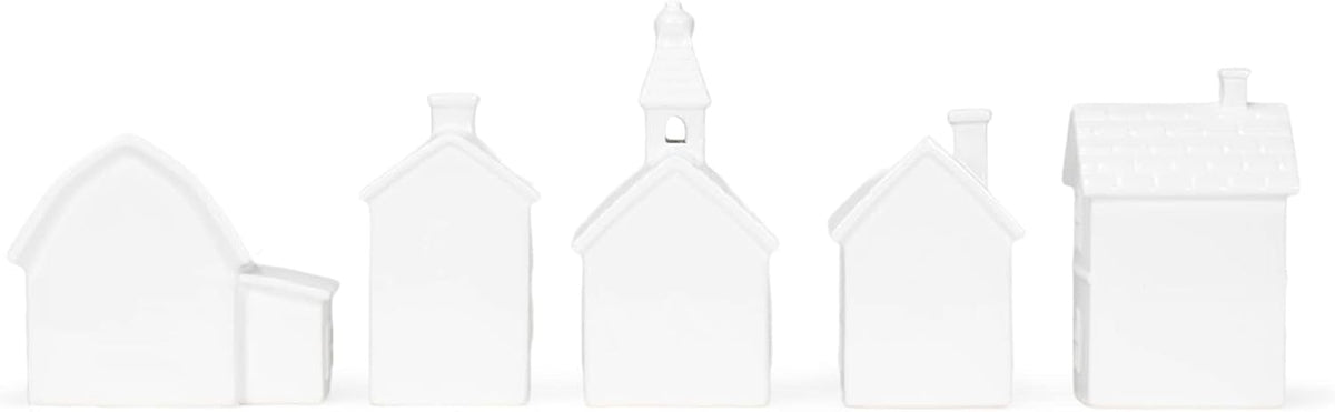 mark feldstein village with trees porcelain figurines, set, close-up detail