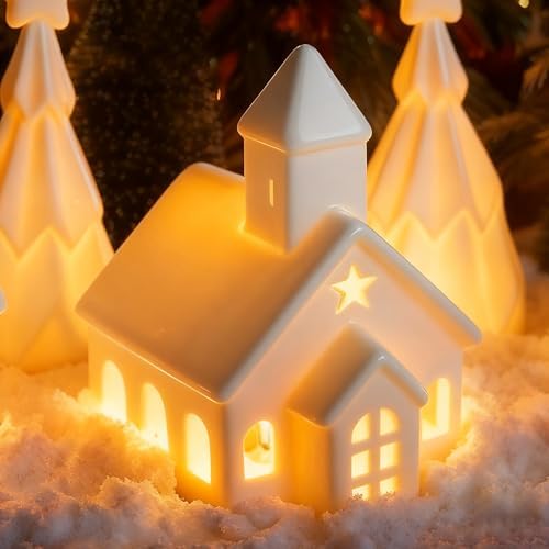 Christmas Village Sets, 5-Piece Ceramic Houses and Pine Trees, Xmas Decor