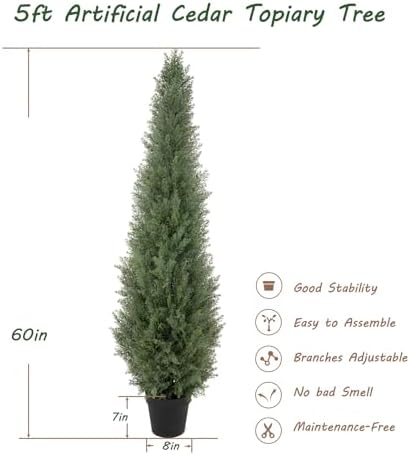 Bellacat 5ft UV Resistant Artificial Topiary Trees Outdoor, 60in Faux Cedar Tree with Full & Realistic Leaves, Fake Cypress Tree for Front Door Proch Patio Deck Balcony Yard Decor 2Pack