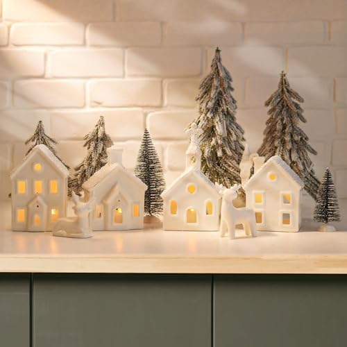 Christmas Decorations Indoor - 9 Piece Christmas Village Sets with 4 Remote Control Lighted Ceramic Houses, 2 Trees, 2 Deer & Santa - Neutral White Farmhouse Holiday Decor for Home Table Room(White)