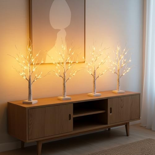 PEIDUO Christmas Decorations for The Home, 2FT BirchTree with LED Lights, Warm White Tree Lamp, Fairy Light Spirit Tree for Room Inside Fireplace Home Decor, Battery Powered, Timer (4PK)