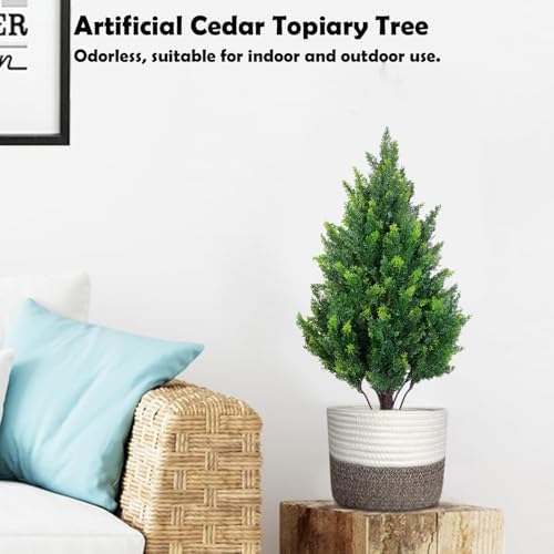 28 Inch Artificial Cedar Tree with Pot, Compact Faux Cypress Evergreen Topiary Plant for Indoor Corner, Living Room, Small Balcony & Entryway, Realistic Potted Fake Tree Accent