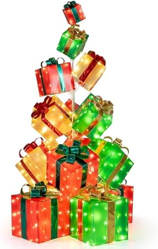 Tangkula 5.6 FT Christmas Lighted Gift Box Tower, 15 PCS Stacked Boxes Tree