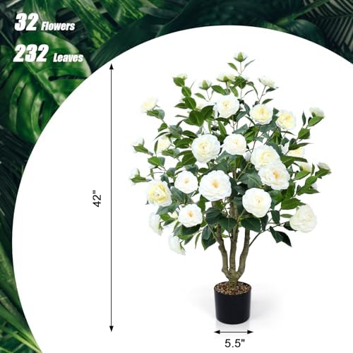 Artificial Camellia Tree 2 Pack 42" with 32 Blooming Flowers in Pot White