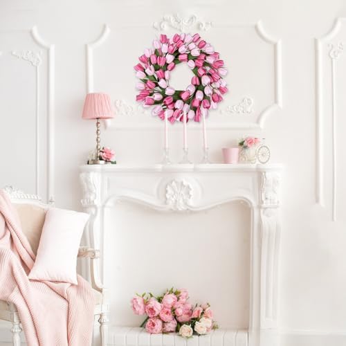 24 Inch Tulip Summer Wreath for Front Door Spring Silk Wreath with Green Leaves Artificial Tulip Flower Wreaths for All Seasons Farmhouse Porch Wall Living Room Home Widding Decor