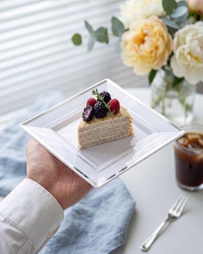 bUCLA 100PCS White and Silver Square Plastic Plates - 6inch Disposable Dessert Plates - Suitable for Weddings, Parties, Christmas