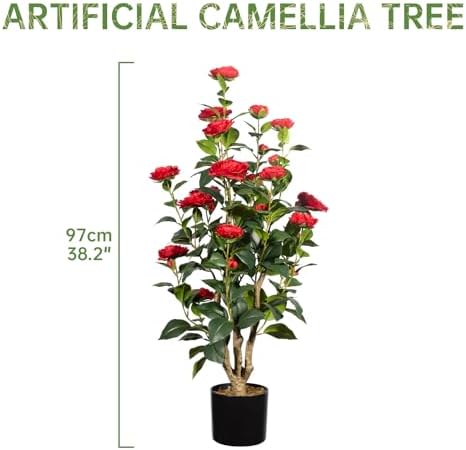 Romantic Season 2Pack Artificial Camellia Tree, 3FT, Red Faux Camellia Plant, Fake Potted Flower Tree for Modern Homes