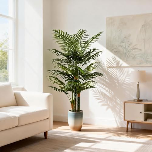 4FT Tall Golden Cane Artificial Palm Tree, Large Faux Palm Tree with 3 Textured Trunks, Outdoor Artificial Plants, Fake Tree for Indoor Office Living Room Outside Patio.