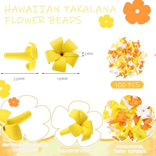 Jutom 100 Pcs Puakenikeni Clay Flowers Beads 20mm Handmade Pikake Clay Bead with Pre-drilled Holes Hawaiian Pikake Flower Beads for Earrings Necklaces Jewelry Making (Orange White Yellow)
