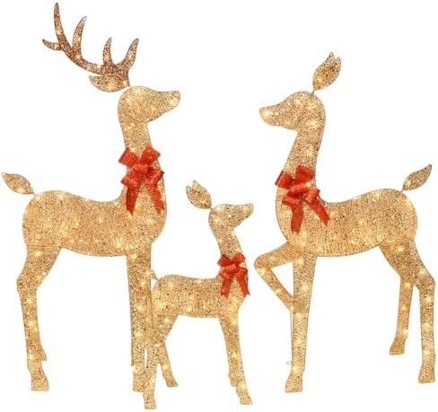 HOYECHI 5 FT Oversized Christmas Decorations Outdoor Lighted Reindeer – 3-Piece 2D Deer Family Set with 160 Warm White LED Lights for Yard, Lawn, Garden & Porch Holiday Display - Gold