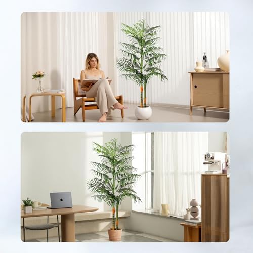 5FT Artificial Palm Tree Tall Plant with Planter & Moss, Realistic 2-Trunk Artificial Tree with Lights, Lifelike Leaves Fake Palm Tree, Low Maintenance Palm Tree Decor for Home Office Living Room
