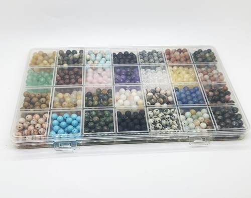 1120pcs 6mm Natural Stone Beads, Round Crystals Bead Genuine Real Stones, Gemstone Beads Kit Charms for Bracelets Jewelry Making,Box Packed(28 Colors-1,6mm)