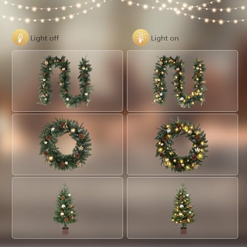 VINGLI Pre-lit 5-Piece Set Christmas Tree with LED Lights, Christmas Garlands, Wreath and Set of 2 Entrance Trees Artificial Christmas Porch Decorations, Gold