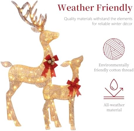 3-Piece Lighted Christmas Deer Family - HOLILITE 4.5ft 3D Pre-Lit Reindeer Outdoor Decorations with 210 LED Lights, Yard/Garden/Patio Holiday Display - Gold