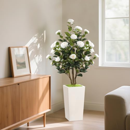 Romantic season 4FT Artificial Camellia Tree with White Tall Planter, Faux Camellia Plant Flower Tree for Modern Home Office Living Room Floor Décor Outdoor Indoor,White