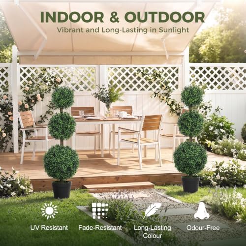 HOMCOM Artificial Triple Ball Boxwood Topiary Trees Outdoor 40" Set of 2