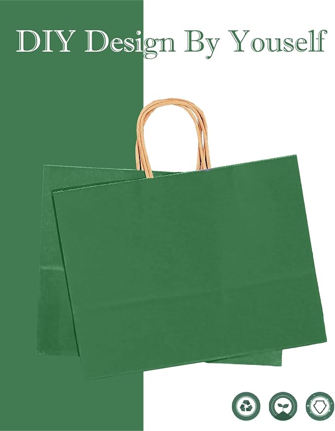 qiqee 100PCS Large Gift Bag with Handles Bulk 13"x4.5"x10" Gift Bags Kraft Deep Green Multiple Uses (32x11x25cm,Wide Large)