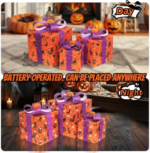 3 Pieces Lighted Boxes Halloween Decorations, Lighted Gift Boxes with Bat,Spider Web,Broom & Pumpkin Print, Foldable Light up Boxes with Pumpkin Bow for Yard, Patio, Haunted House Décor