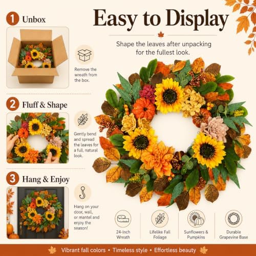 24 Inch Fall Wreaths for Front Door with Pumpkins, Sunflowers & Berries