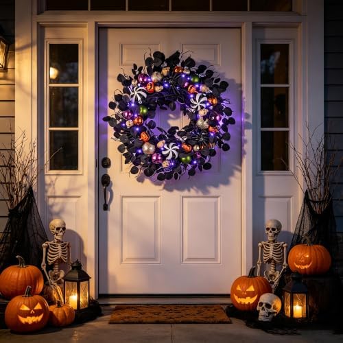 JORNOY 30-Inch Halloween Wreath with Battery Timer - Spider, Balls, Skull