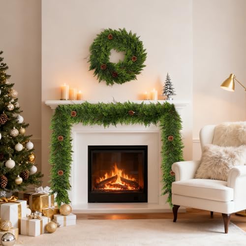 9 Ft Christmas Cedar Garland - Cypress Garlands,Artificial Real Touch Pine Garlands - Garland Xmas Decorations for Table, Mantle, Wall, Indoor, Outdoor Christmas Decorations