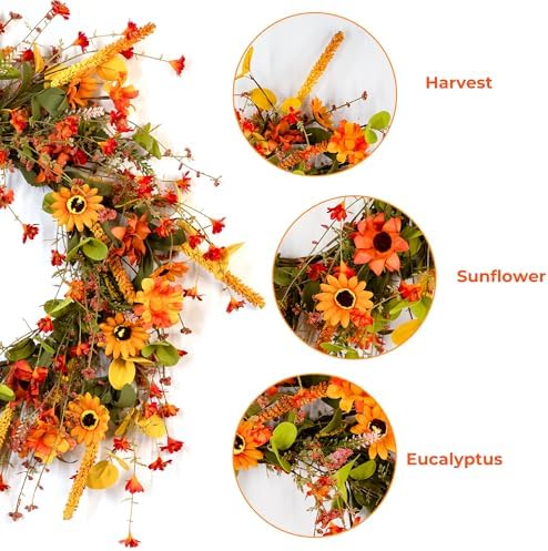 Fall Wreath for Front Door 26 inch Autumn Sunflower Harvest Outdoor