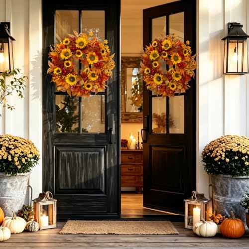24 Inch Harvest Fall Wreaths for Front Door with Sunflower and Red Berries