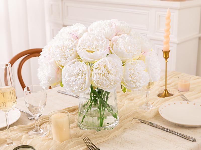 20 Heads Artificial Peonies Silk Flowers Bouquet Cream White